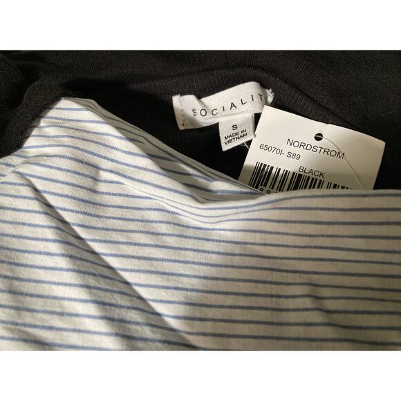 Socialite Cowl Neck Twofer Top Small Black with Blue & White Pinstripe NEW - Picture 2 of 8